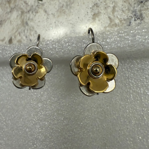 Two Tone Flower hook drop  earrings - Picture 2 of 6